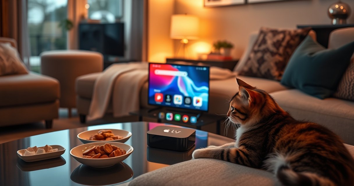 A cozy living room scene featuring an Apple TV displaying a vibrant web browser interface, surrounded by a stylish couch, a coffee table with snacks, and warm ambient lighting, while a curious cat lounges nearby, gazing at the screen, embodying a blend of technology and comfort in a modern home setting.