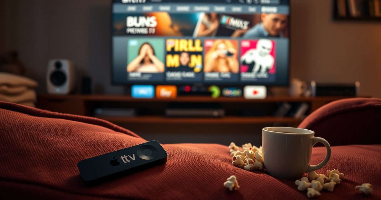 A sleek Apple TV remote lying on a cozy couch, illuminated by a warm glow from a modern TV screen displaying a vibrant web browser interface, surrounded by scattered popcorn and a steaming cup of coffee, evoking a sense of comfort and technology in a contemporary living room setting.