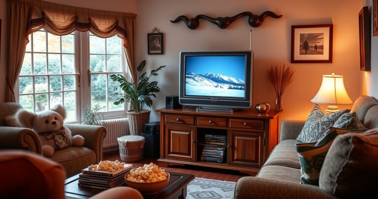 A cozy living room featuring a classic wooden console with a vintage non-smart TV, surrounded by warm lighting, plush sofas, and retro decor. On a nearby table, a stack of old DVDs and popcorn, evoking nostalgia. A window shows a glimpse of a serene garden outside, adding a peaceful ambiance to the scene.