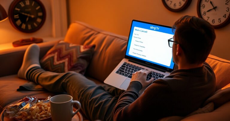 A person sitting on a cozy couch, surrounded by snacks, laptop open with Sling TV on the screen, thoughtfully scrolling through cancellation options. Soft ambient lighting casts a warm glow, while a wall clock shows late evening, symbolizing the ease of decision-making. A coffee mug rests nearby, hinting at a relaxed, contemplative atmosphere.