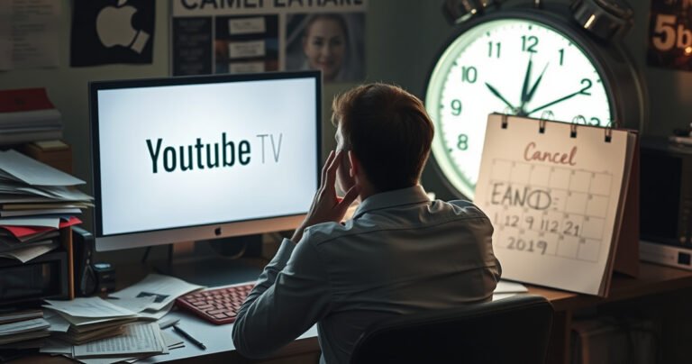 An anxious person sits at a cluttered desk, staring at a glowing computer screen displaying the YouTube TV logo, surrounded by scattered papers and an open calendar marked with the trial's end date, as a clock ticks ominously in the background, conveying urgency and uncertainty about canceling a subscription.