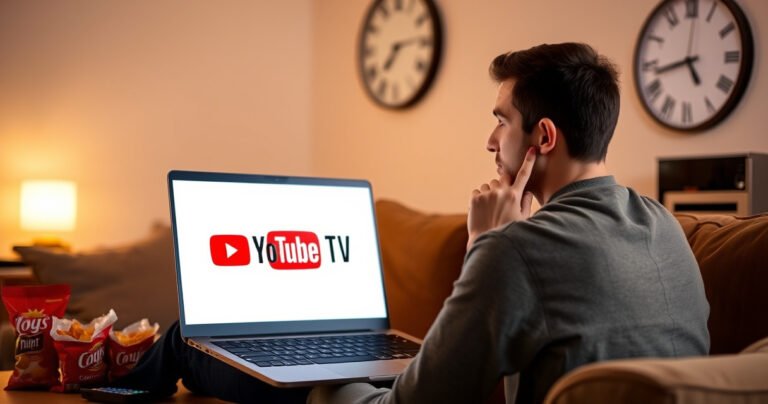 A person sitting at a cozy living room setup, looking thoughtfully at a laptop displaying the YouTube TV logo, surrounded by snacks and a remote control, with a clock on the wall indicating time passing, soft warm lighting creating a relaxed atmosphere, hinting at the idea of decision-making and freedom in entertainment choices.
