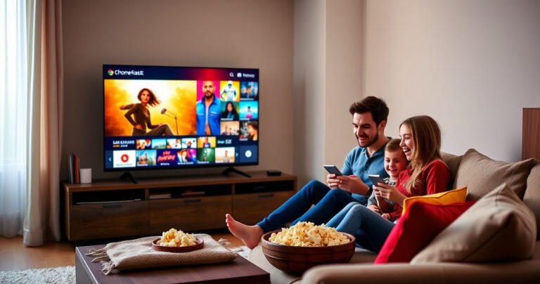 A cozy living room scene featuring a sleek TV displaying vibrant streaming content, with a Chromecast device prominently connected. A family of four, gathered on a plush sofa, joyfully interacting with their devices. Soft lighting casts a warm glow, and colorful cushions and a bowl of popcorn add a welcoming touch to the atmosphere.