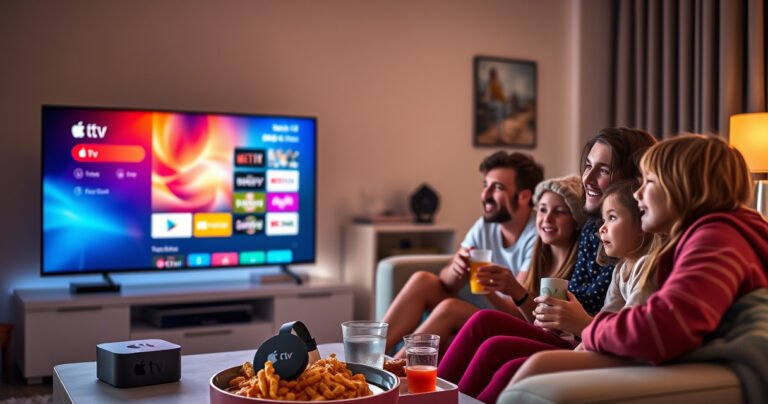 A cozy living room scene with a sleek TV displaying a colorful Apple TV interface, while a Google Chromecast device sits beside it. Soft ambient lighting glows, illuminating a plush sofa surrounded by snacks and drinks. An excited family watches intently, with a mix of curiosity and joy on their faces as they explore streaming options.