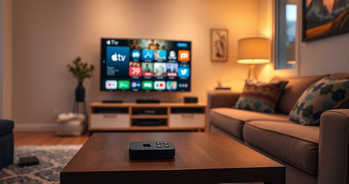 A cozy living room featuring a modern TV displaying the Apple TV interface, a sleek Apple remote on the coffee table, warm lighting casting a soft glow, a comfortable couch adorned with colorful cushions, and an inviting atmosphere that encourages relaxation and entertainment, with subtle hints of tech gadgets scattered around.