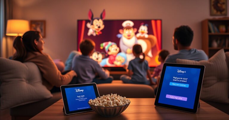 A cozy living room scene with a family gathered around a large TV, animated Disney characters glowing on the screen. Soft pillows and a popcorn bowl on the couch, warm lighting casting a welcoming ambiance. A tablet on the coffee table displaying the Disney Plus app, indicating an easy setup process.