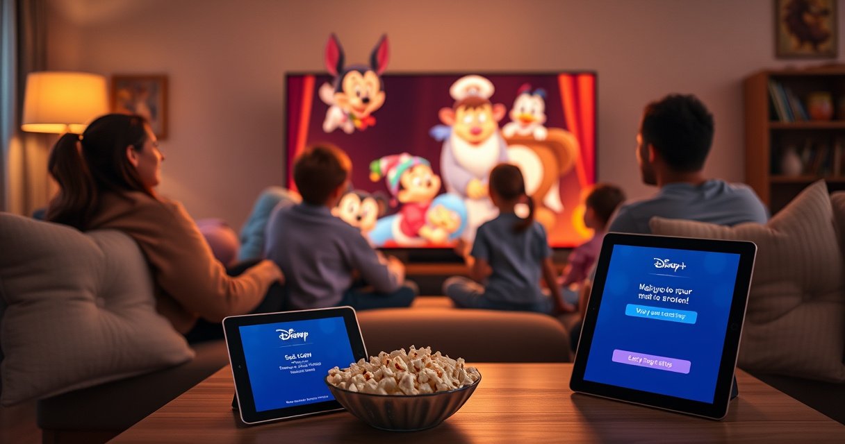 A cozy living room scene with a family gathered around a large TV, animated Disney characters glowing on the screen. Soft pillows and a popcorn bowl on the couch, warm lighting casting a welcoming ambiance. A tablet on the coffee table displaying the Disney Plus app, indicating an easy setup process.