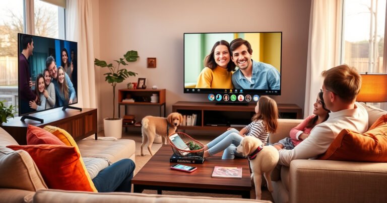 A cozy living room scene with a sleek flat-screen TV displaying a vibrant FaceTime call. A family gathered on a comfortable sofa, smiling and engaging, with a glowing smartphone on the coffee table. Soft afternoon light streams through large windows, illuminating colorful decor and a playful pet nearby, creating a warm, inviting atmosphere.