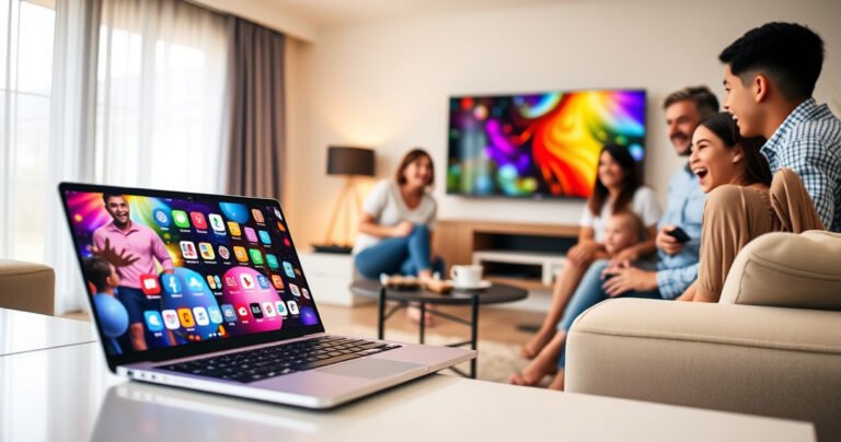 A modern laptop with vibrant icons glowing on its screen, wirelessly projecting a vivid, colorful image onto a sleek flat-screen TV in a cozy living room. A cheerful family gathers around, mesmerized by the seamless connection, surrounded by soft lighting and plush furniture, showcasing the excitement of technology bridging devices effortlessly.