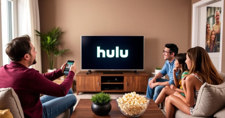 A cozy living room featuring a stylish TV displaying the Hulu logo. A family gathered around, excitedly using a smartphone to cast content. Bright, inviting colors with soft lighting creating a warm atmosphere. Decorative plants and a bowl of popcorn on a coffee table, symbolizing a fun movie night experience.