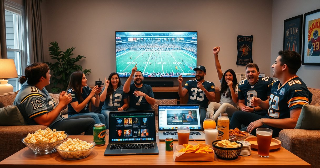 A cozy living room bathed in soft evening light, with a large flat-screen TV showcasing an intense NFL game. Snack-filled tables are scattered with popcorn, nachos, and drinks. Friends in team jerseys cheer excitedly, surrounded by football memorabilia, while a laptop on the coffee table displays streaming options, creating a vibrant game day atmosphere.