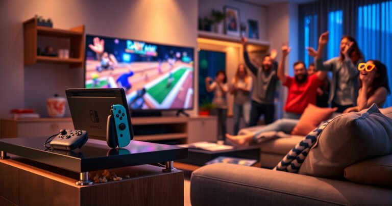 A cozy living room scene featuring a Nintendo Switch docked on a sleek TV stand, with a large flat-screen TV displaying vibrant gameplay. Soft ambient lighting illuminates the room, a plush couch adorned with colorful cushions, popcorn scattered on a coffee table, and excited gamers cheering in the background, creating a warm, inviting atmosphere.