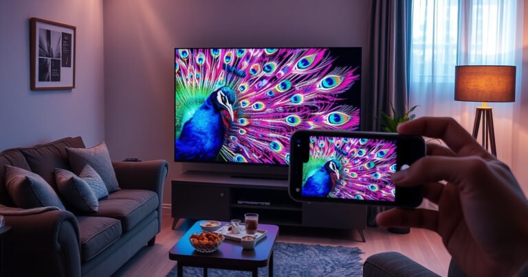A vibrant living room scene featuring a sleek modern TV displaying colorful peacock feathers in stunning detail, surrounded by a cozy couch, a coffee table with snacks, and a warm glow from a nearby lamp. The atmosphere is inviting, with hints of technology like a smartphone casting the image, symbolizing connectivity and entertainment.