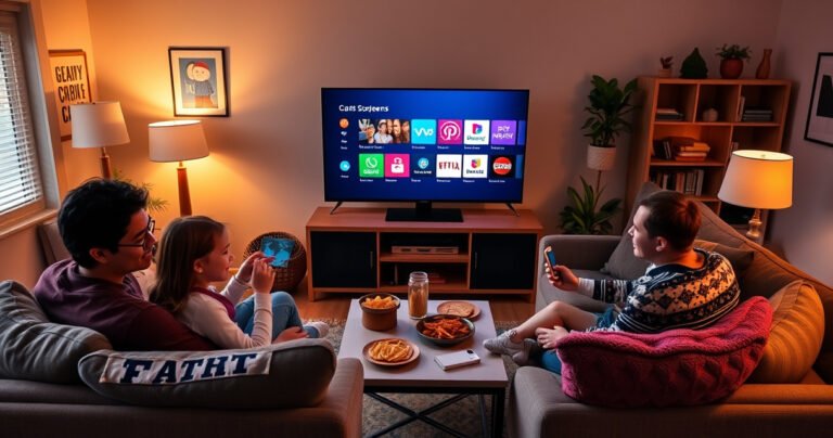 A cozy living room featuring a modern TV displaying a vibrant cast screen with colorful apps. A pair of comfortable sofas, a coffee table with snacks, and a family happily gathered around, using a smartphone to connect. Warm lighting, cheerful decor, and a sense of togetherness create an inviting atmosphere perfect for tech exploration.