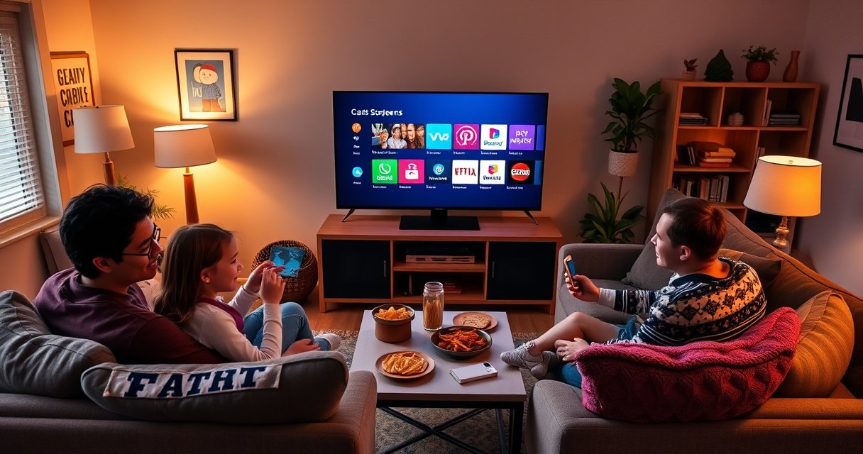 A cozy living room featuring a modern TV displaying a vibrant cast screen with colorful apps. A pair of comfortable sofas, a coffee table with snacks, and a family happily gathered around, using a smartphone to connect. Warm lighting, cheerful decor, and a sense of togetherness create an inviting atmosphere perfect for tech exploration.