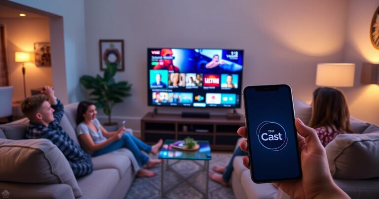A cozy living room with a modern Vizio TV displaying vibrant streaming content, surrounded by plush sofas and warm lighting. A family is gathered, smiling and engaging with their devices, while a smartphone screen shows the cast icon. The atmosphere is inviting and tech-friendly, highlighting the ease of connecting devices.