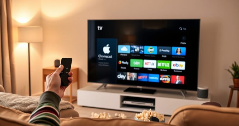 A cozy living room scene with a sleek modern TV displaying the Apple TV interface, a glowing Chromecast device nearby. Soft ambient lighting creates a warm atmosphere, with a plush couch and scattered popcorn. A person with a remote in hand looks excitedly at the screen, surrounded by tech gadgets, symbolizing effortless streaming and connectivity.