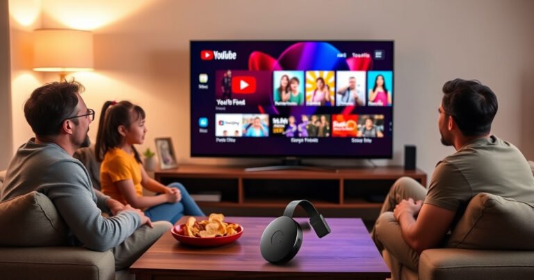 A cozy living room scene with a family gathered around a sleek TV, vibrant YouTube TV interface displayed, glowing with colorful thumbnails. The soft light of a lamp casts a warm ambiance, snacks scattered on a coffee table, and a Chromecast device prominently featured, symbolizing modern streaming technology and family entertainment.