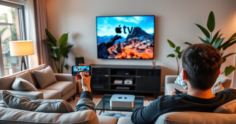 A sleek living room with a modern Apple TV prominently displayed, surrounded by stylish furniture. A user is confidently casting content from a smartphone, bright screen reflecting vivid colors and action. Lush indoor plants add a touch of nature, while a cozy ambiance hints at a relaxed evening. Warm lighting creates an inviting atmosphere for tech enthusiasts.