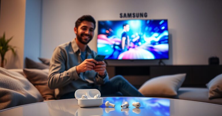 A modern living room showcasing a sleek Samsung TV displaying vibrant visuals, while a pair of white AirPods rests on a stylish coffee table. Soft ambient lighting highlights the cozy atmosphere, with a tech-savvy individual happily connecting the AirPods, surrounded by plush cushions and minimalistic decor, embodying a seamless blend of technology and comfort.