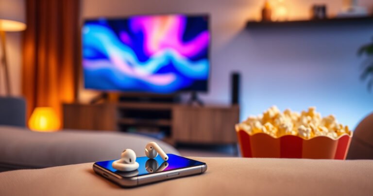 A cozy living room scene featuring a sleek modern TV displaying vibrant colors, with a pair of stylish AirPods resting beside a smartphone. Soft ambient lighting casts a warm glow, while a comfortable couch and a bowl of popcorn create a welcoming atmosphere, inviting viewers to relax and enjoy seamless audio connectivity.