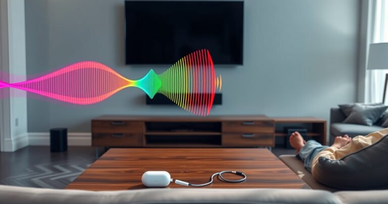 A sleek modern living room featuring a stylish Samsung TV mounted on the wall, AirPods resting on a wooden coffee table, vibrant sound waves illustrated in colorful arcs connecting the TV to the AirPods, soft ambient lighting creating a cozy atmosphere, a person comfortably seated on a plush sofa, ready to enjoy seamless audio.