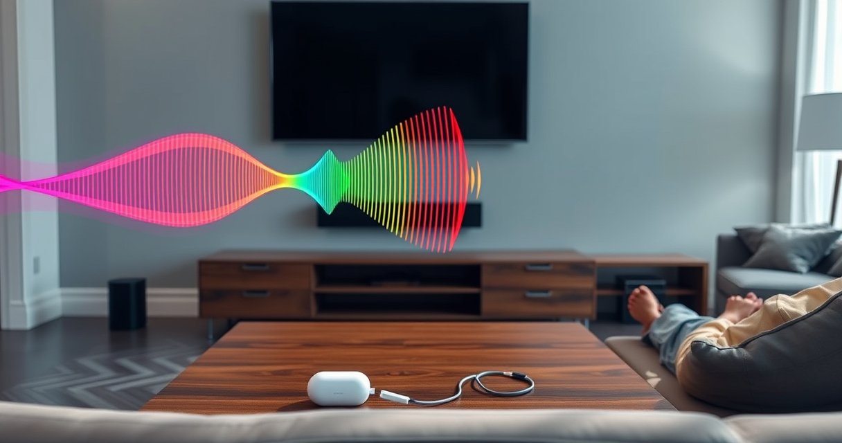 A sleek modern living room featuring a stylish Samsung TV mounted on the wall, AirPods resting on a wooden coffee table, vibrant sound waves illustrated in colorful arcs connecting the TV to the AirPods, soft ambient lighting creating a cozy atmosphere, a person comfortably seated on a plush sofa, ready to enjoy seamless audio.