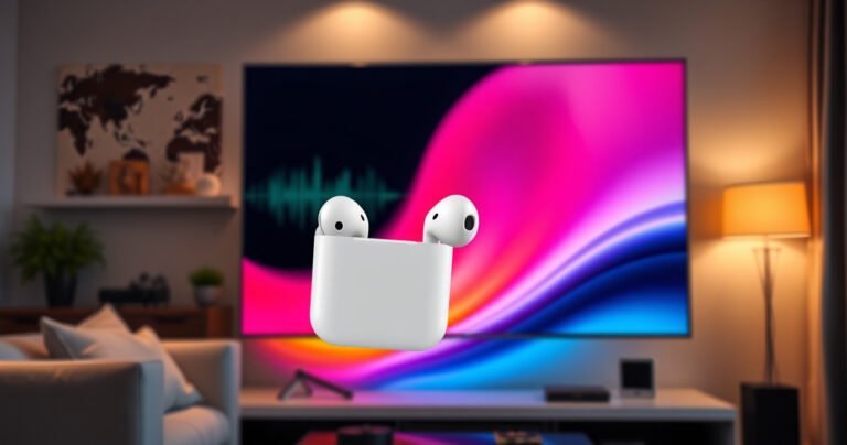 A sleek pair of white AirPods floating next to a modern Samsung TV displaying vibrant, colorful sound waves. The background features a cozy living room with a stylish couch, soft lighting, and a hint of tech gadgets, illustrating a seamless blend of Apple and Samsung technology in a harmonious home environment.
