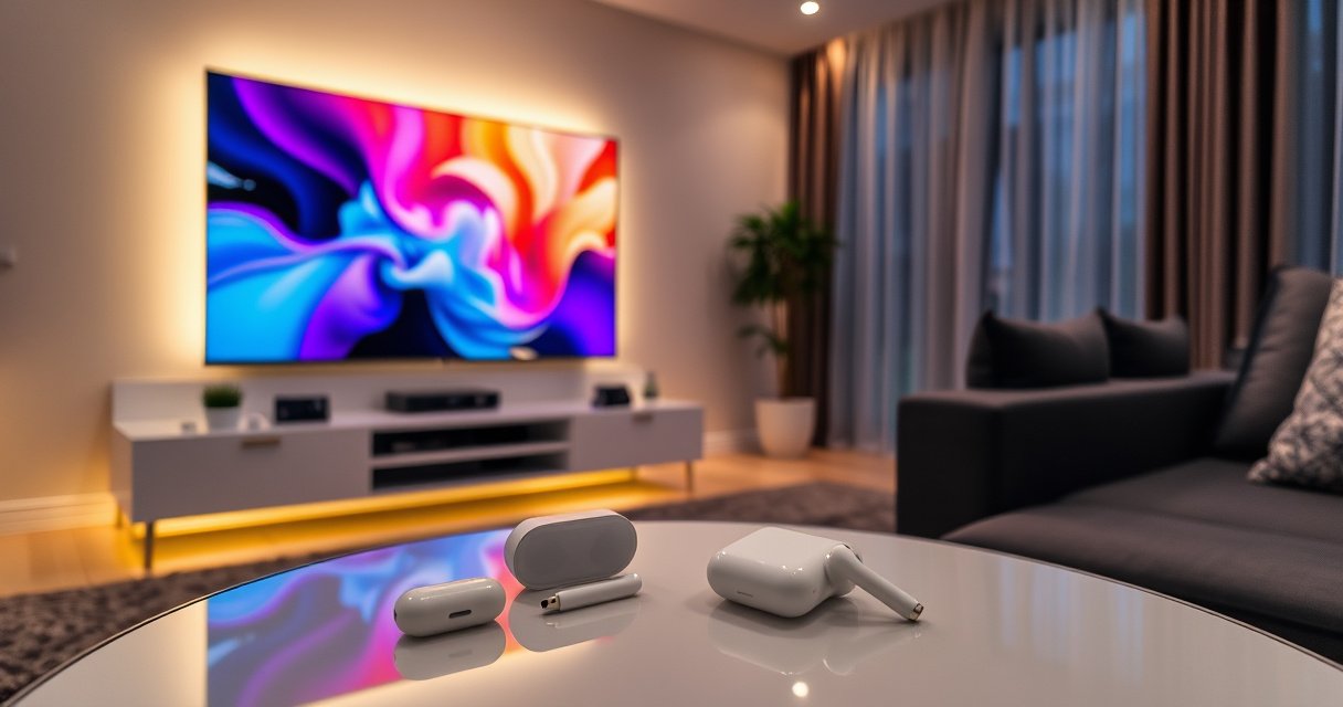 A sleek, modern living room featuring a large smart TV displaying vibrant colors, with a pair of white AirPods resting on a stylish coffee table. Soft ambient lighting casts a warm glow, while a cozy couch and a few tech gadgets create an inviting atmosphere, emphasizing the intersection of technology and relaxation.