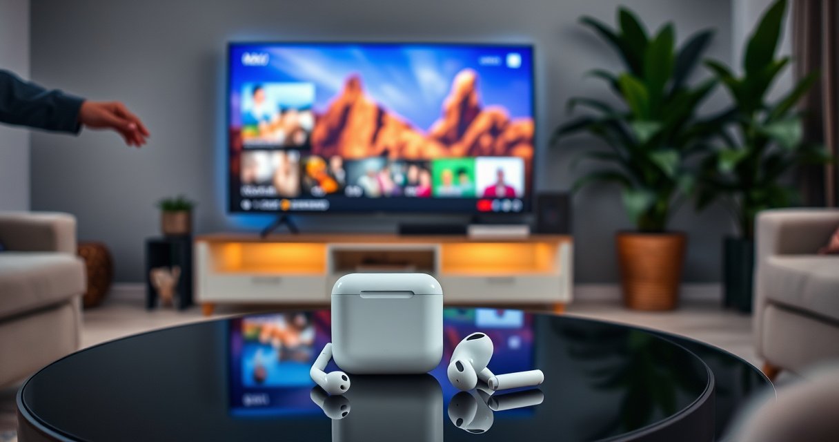 A modern living room with a sleek smart TV displaying vibrant content, two white AirPods elegantly resting on a stylish coffee table, surrounded by cozy decor. Soft ambient lighting enhances the atmosphere, while a person gestures towards the TV, showcasing ease of connection. Lush plants in the background add a touch of life and warmth.