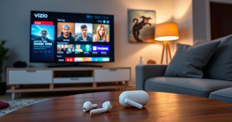 A modern living room featuring a sleek Vizio TV displaying vibrant streaming content, with a pair of stylish white AirPods resting on a wooden coffee table, surrounded by cozy cushions, a warm glow from a nearby lamp, and a curious cat peeking from behind the sofa, creating an inviting atmosphere for tech exploration.