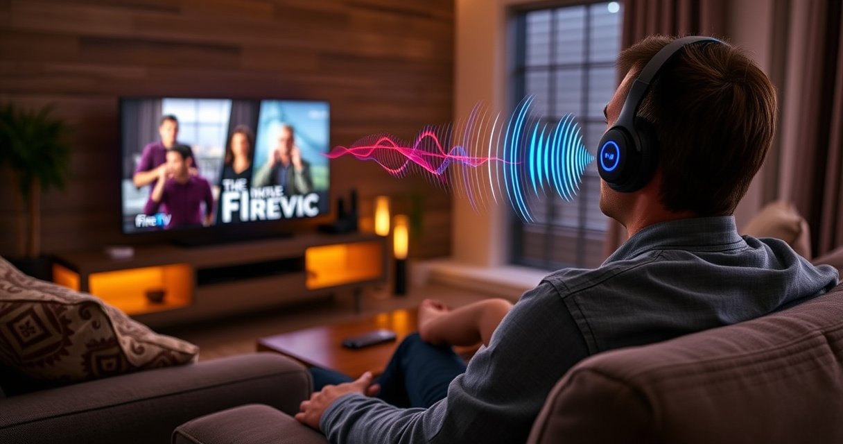 A cozy living room scene with a sleek Fire TV streaming device glowing softly on a modern entertainment center, surrounded by plush couches. A person sits comfortably, wearing stylish Bluetooth headphones, intently enjoying a movie, while a colorful array of sound waves visually emanates from the headphones, blending with a warm, inviting ambiance.