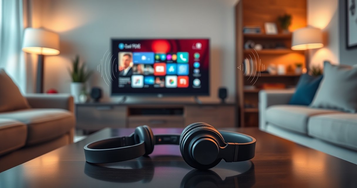 A cozy living room scene featuring a sleek smart TV displaying a vibrant interface, surrounded by plush furniture. A pair of stylish Bluetooth headphones rests on a coffee table, with subtle sound waves illustrated in the air, suggesting a seamless connection. Soft ambient lighting enhances the inviting atmosphere, making it perfect for entertainment and relaxation.