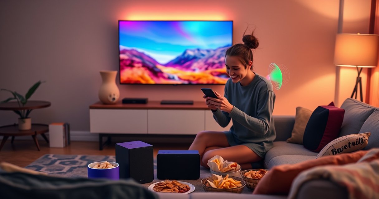 A cozy living room scene featuring a sleek smart TV displaying vibrant colors, surrounded by stylish Bluetooth speakers in modern designs. Soft lighting creates a warm atmosphere, while a user joyfully pairs their phone to the speakers, surrounded by snacks and a comfy couch. Colorful sound waves visually emanate from the speakers, enhancing the inviting ambiance.
