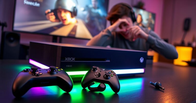 A sleek, modern gaming setup featuring an Xbox console surrounded by vibrant LED lights, with stylish wireless earbuds resting beside a game controller. The background showcases an immersive gaming atmosphere, with a large screen displaying an action-packed scene, while a user joyfully connects the earbuds, conveying excitement and ease in the gaming experience.