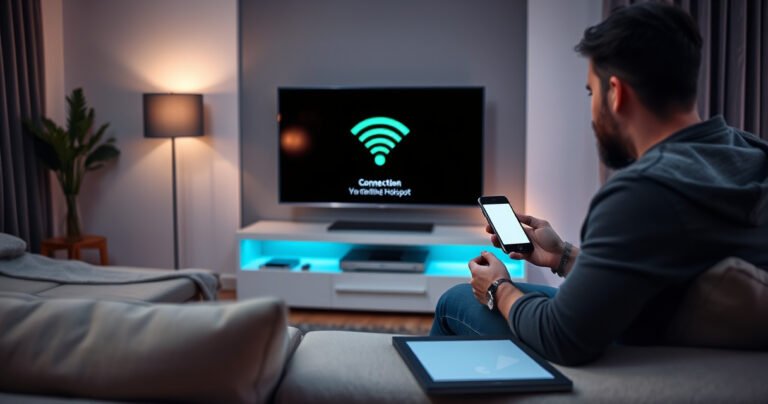 A modern living room with a sleek flat-screen TV displaying a vibrant hotspot connection symbol, surrounded by cozy furniture. A person, looking intrigued, is using a smartphone to connect the TV to a mobile hotspot. Soft ambient lighting creates a warm atmosphere, while a tablet and notebook sit nearby, suggesting easy troubleshooting.