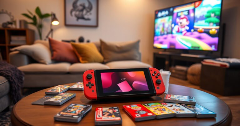 A cozy living room scene with a Nintendo Switch Lite on a coffee table, surrounded by colorful game cartridges, a plush couch, and a large TV displaying vibrant game graphics. Soft lighting creates a welcoming atmosphere, with snacks and drinks nearby, inviting players to experience gaming together, blending technology and comfort in a playful, engaging setting.