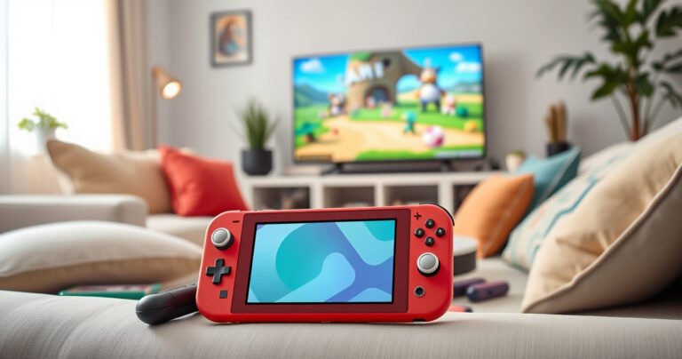 A vibrant living room scene featuring a Nintendo Switch Lite in the foreground, connected to a sleek TV displaying engaging gameplay. Lush pillows on a cozy couch, soft lighting, and playful gaming accessories scattered around, creating an inviting atmosphere that encourages gaming fun and connection with friends and family.