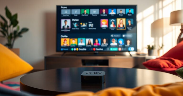 A sleek Apple TV remote resting on a modern coffee table surrounded by vibrant cushions, with a large flat-screen TV displaying colorful user profiles, playful avatars, and a cozy living room ambiance filled with warm light and soft shadows, inviting viewers to explore the simplicity of creating profiles.
