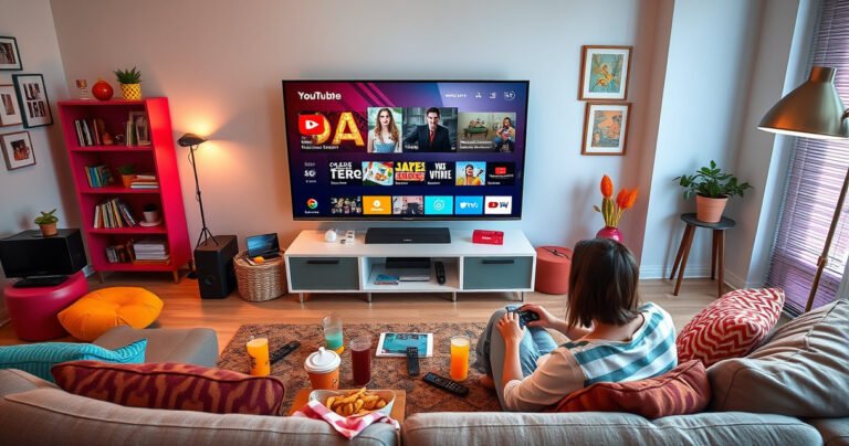 A colorful, modern living room with a large TV displaying a customizable YouTube TV guide interface. The room features a cozy couch, scattered remote controls, and lively decor. A person is interacting with the screen, surrounded by snacks and drinks, highlighting the convenience and personalization of home entertainment. Bright lighting enhances the inviting atmosphere.