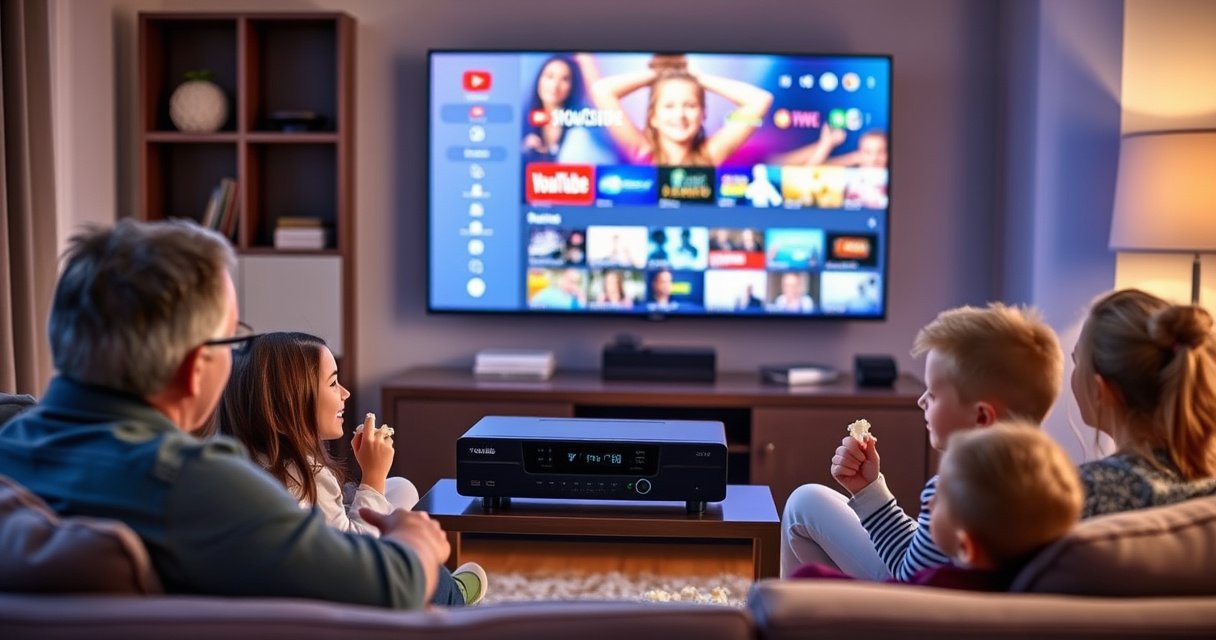 A glowing flat-screen TV displays a vibrant YouTube TV interface, surrounded by a cozy living room with plush seating. A sleek DVR device sits prominently on a stylish media console, while a family eagerly watches, popcorn in hand, with excitement in their eyes. Soft ambient lighting enhances the inviting atmosphere, showcasing modern tech and family togetherness.