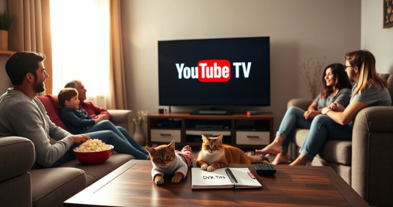 A cozy living room scene with a modern TV displaying the YouTube TV logo, surrounded by a comfy couch, popcorn bowls, and a family joyfully watching. Sunlight streams through the window, illuminating a playful cat lounging on the floor, while a coffee table holds a remote control and a notebook with “DVR Tips” written on it.