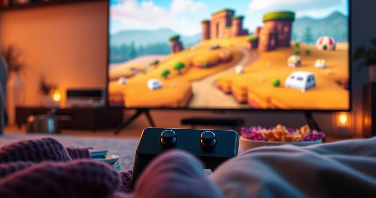A sleek Steam Deck console connected to a large, vibrant TV screen displaying a colorful game landscape, surrounded by cozy gaming accessories like snacks and a controller, with ambient lighting creating a warm atmosphere. The focus is on the seamless connection between the handheld device and the big screen, inviting viewers into the gaming experience.