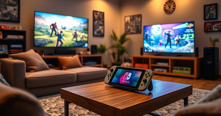 A cozy living room with a Nintendo Switch Lite resting on a stylish coffee table, a vibrant TV displaying an engaging game scene in the background. Soft, warm lighting enhances the inviting atmosphere, decorated with gaming memorabilia and plush cushions, reflecting a blend of relaxation and excitement in a modern gaming setup.