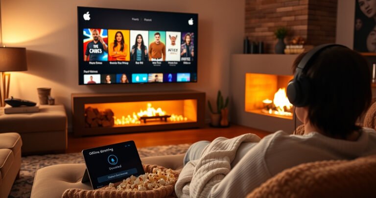 A cozy living room with a plush sofa and a warm, glowing fireplace, an oversized TV displaying vibrant Apple TV show thumbnails. A coffee table scattered with popcorn, a tablet showing a download icon, and a person relaxing with headphones, enjoying the comfort of offline streaming, surrounded by soft blankets and warm lighting.