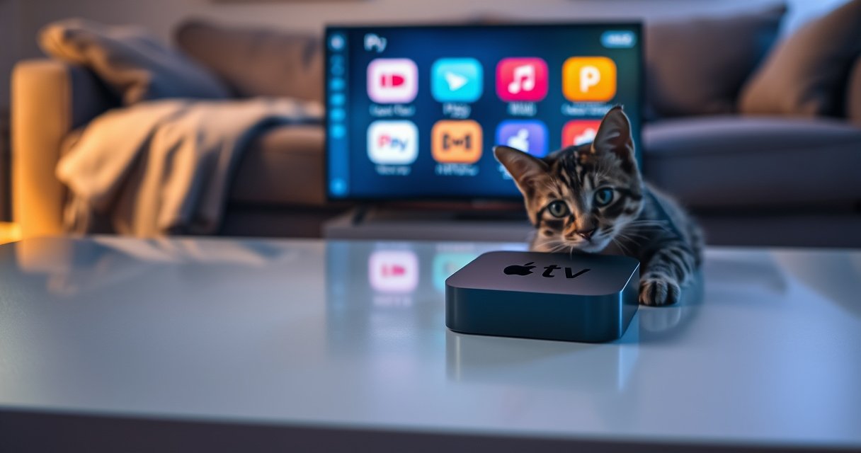 A sleek Apple TV remote resting on a modern coffee table, surrounded by a glowing screen displaying vibrant app icons. Soft, warm lighting creates a cozy atmosphere, and a comfy sofa is visible in the background. A curious cat peeks around the remote, adding a playful touch to the tech-savvy scene.