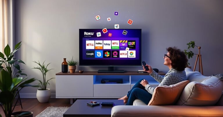 A sleek modern living room featuring a large Roku TV on a stylish media console, with colorful app icons floating around it. A user, engaged and excited, sits on a comfortable couch, holding a remote. Soft ambient lighting illuminates the space, showcasing a cozy atmosphere with plants and decorative elements, inviting viewers to explore the Roku experience.