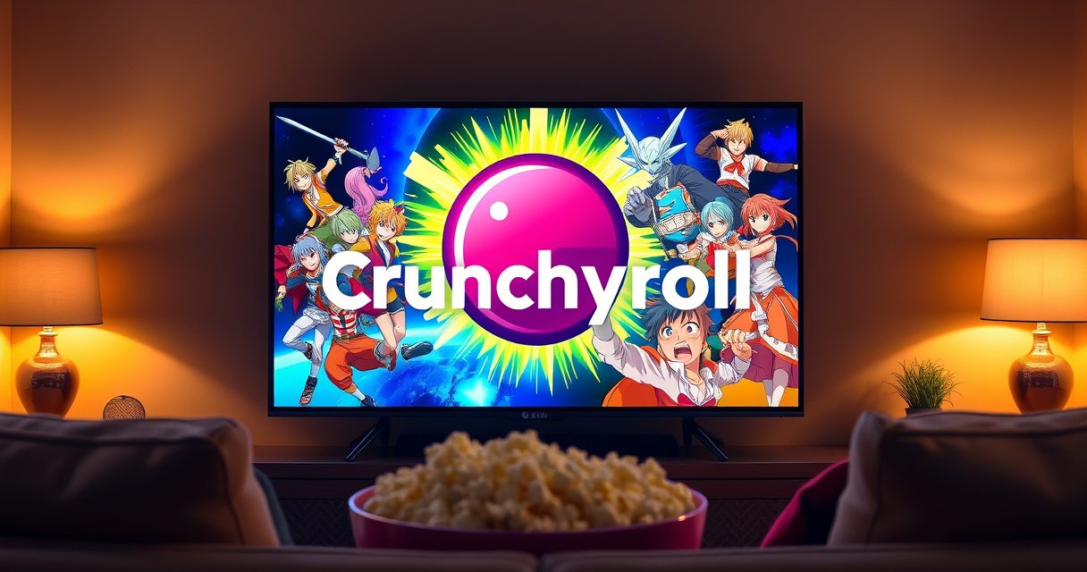 A sleek LG TV displaying the vibrant Crunchyroll logo, surrounded by colorful anime characters in dynamic poses, with a cozy living room setting featuring a comfortable sofa, popcorn bowl, and warm lighting, evoking a sense of excitement and relaxation as viewers prepare to dive into their favorite anime series.