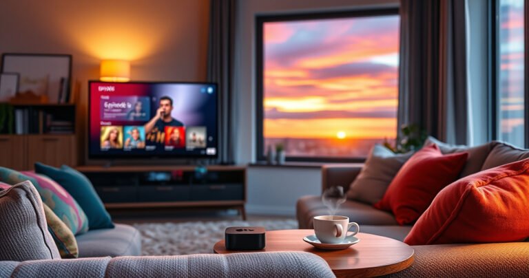 A cozy living room with a modern Apple TV displaying a vibrant episode selection screen, plush sofa adorned with colorful cushions, a steaming cup of coffee on a wooden side table, warm ambient lighting casting a welcoming glow, and a window with a serene view of a sunset, inviting viewers to relax and enjoy streaming.