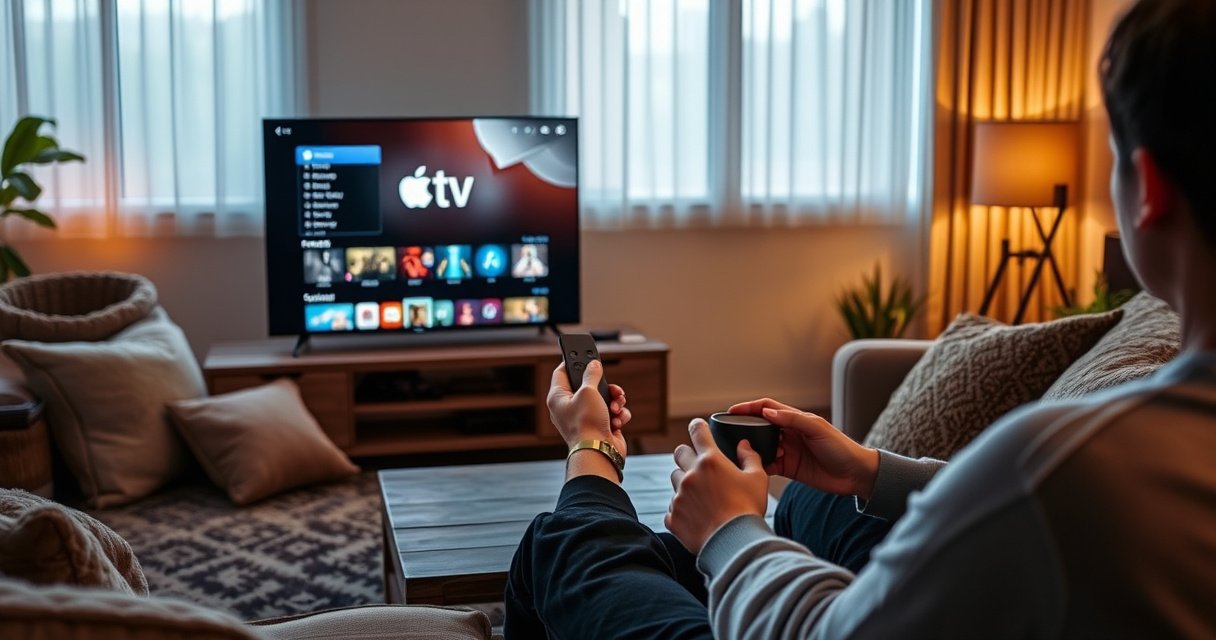 A cozy living room scene with a large flat-screen TV displaying the Apple TV interface, surrounded by plush cushions and a steaming cup of coffee on a wooden table. Soft ambient lighting casts a warm glow, while a person is comfortably seated on the couch, holding a remote, ready to explore digital downloads.